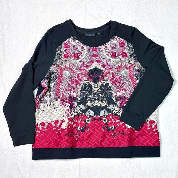 Susan Graver Weekend Black/Pink/White Printed Crewneck Knit Lg Sleeve Top Sz XL - Picture 1 of 7